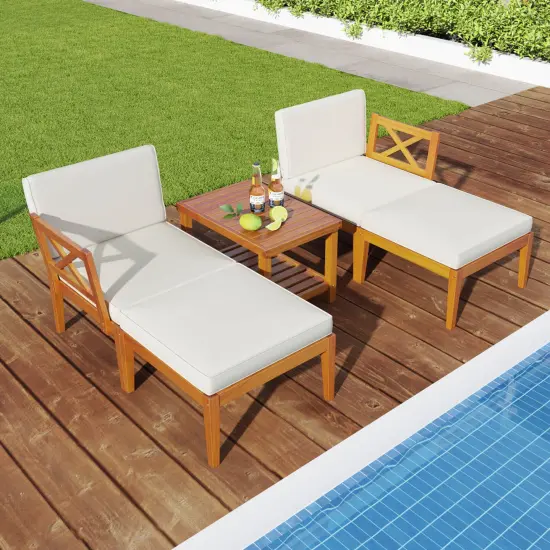 Costway 5 PCS Acacia Wood Patio Chaise Lounge Chair Set with 2-Tier Coffee Table Cushions {1}