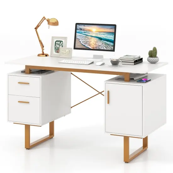White 51 Inch Dual Drawer Computer Desk with Floating Desktop and X-Shaped Metal Frame {4}