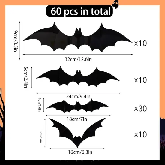 60PCS Halloween 3D Bats Decoration Halloween Large Bats Wall Decor 4 Different Sizes {2}