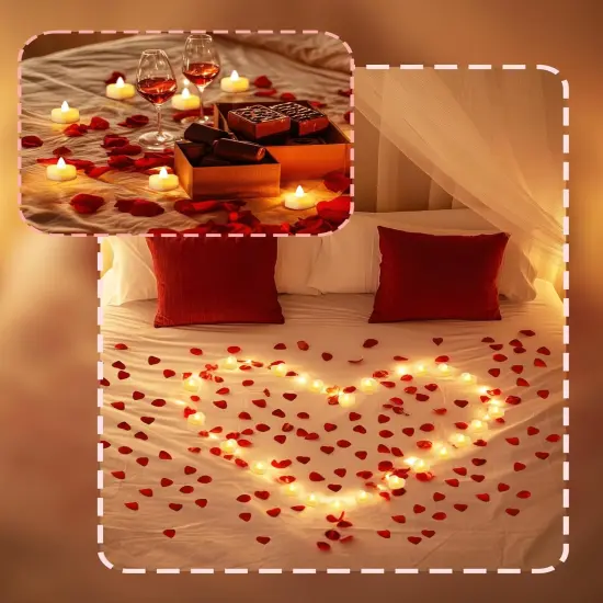 2000 Pcs Red Rose Petals with 24 Pcs LED Heart Candles Lights (Red Black) {4}