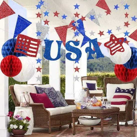 4th of July Patriotic Decorations Set,Red White Blue Honeycomb Ball,Star Hanging Swirl,star Garland {2}