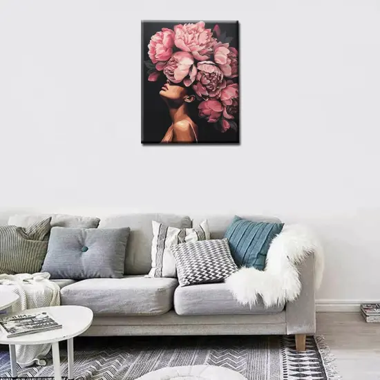 Fashion Head Painting by Numbers Pink Flower Abstract Drawing Nordic Wall Decoration Oil Paint by Numbers Beautiful Woman Head Flower Paint by Numbers for Adults Without Frame-16''Wx20&lsquo;&rsquo;H {2}