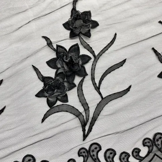 1 Yard Beaded 3D Floral Lace Fabric Embroidered Couture Mesh Gown 52" Width Black {4}