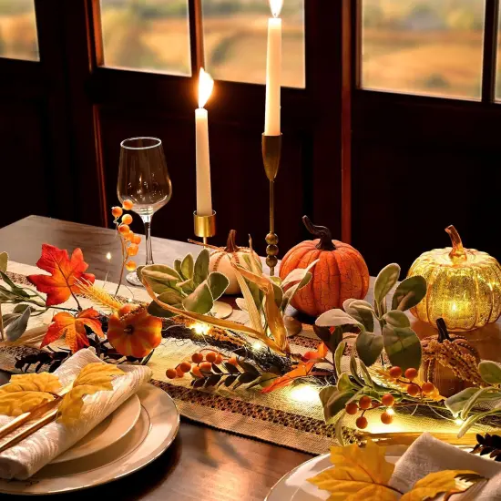 6ft Silk Lambs Ear Pumpkins Garland with Lights Fall Leaves Garlands {2}