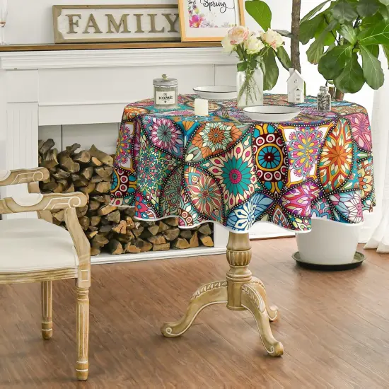 Boho Bohemia Style Round Tablecloth 60x60 Inch Round, Vintage Washable Seasonal Table Cover for Party Picnic Dinner Decor {4}
