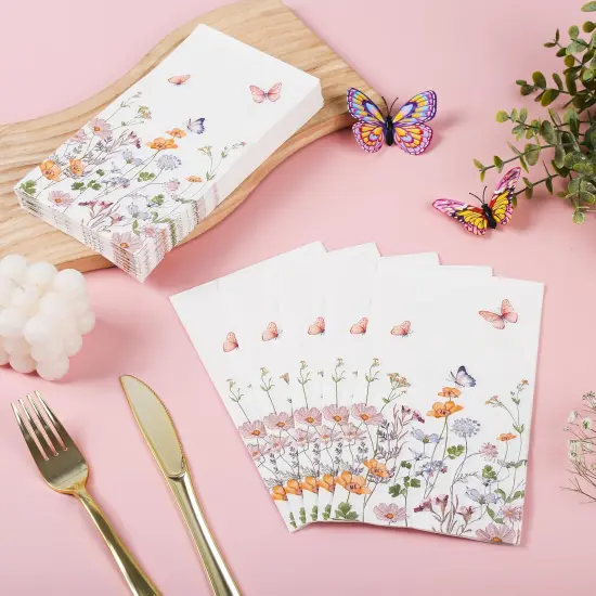 100Pcs Floral Guest Napkins Disposable Butterfly Flower Paper Napkins Wildflower Garden Blossom Hand Towels for Spring Wedding Anniversary Bridal Baby Shower Tea Party Table Decor {4}