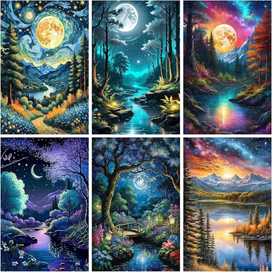 6 Pack Diamond Painting Kits Moon Landscape Diamond Art Kits for Adults Beginners, 5D DIY Full Round Drill Paint with Diamond Dots Gem Art Set for Home Wall Decor 12 x 16 Inch {1}