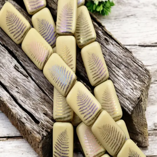 *6* 18x12mm Opaque Beige Sliperit Fern Leaf Laser Tattoo Rectangle Bead {2}