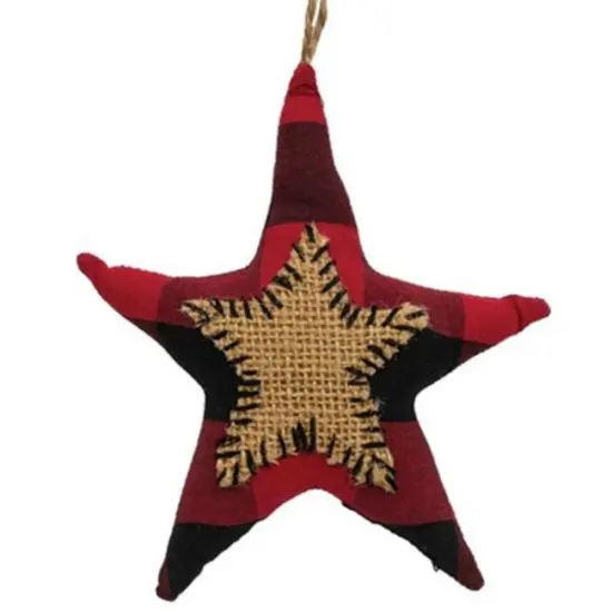 Red & Black Buffalo Check Star Stitched Fabric Ornament {1}