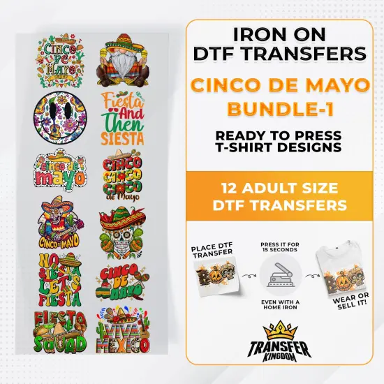 Cinco De Mayo Bundle Iron on DTF Transfer Bundle 1 - 12 Best Seller Ready To Press T-shirt Designs {1}