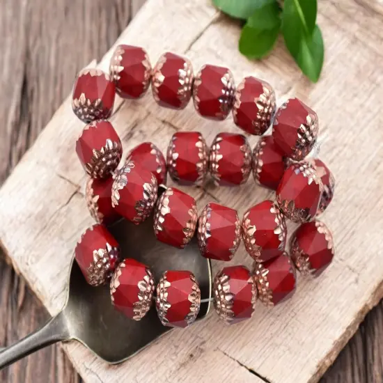 *10* 10mm Copper Washed Opaque Red Fire Polished Cathedral Beads {4}