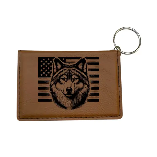 Keychain ID Holder Wallet - Wolf and US Flag - Leather Rawhide/Black {1}