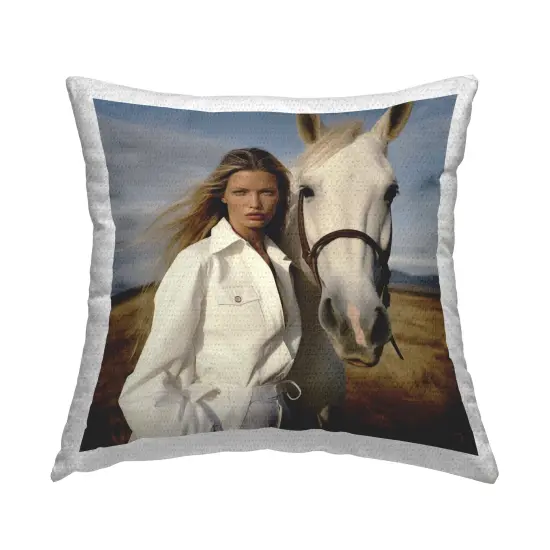 Equestrian Girl & White Horse Outdoor Printed Pillow Design by RB, 18 x 7 x 18 {1}