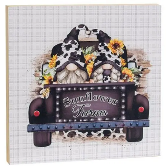 Gnomes In Truck With Sunflowers Square Wooden Block {1}
