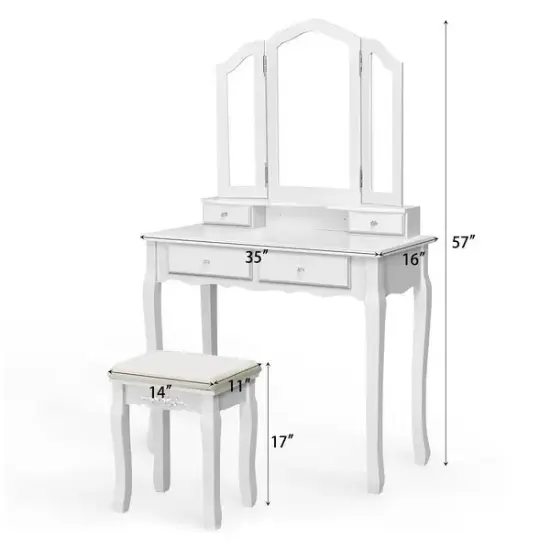 Tri Folding Mirror Vanity Table Stool Set with 4 Drawers and Cushioned Stool White {6}