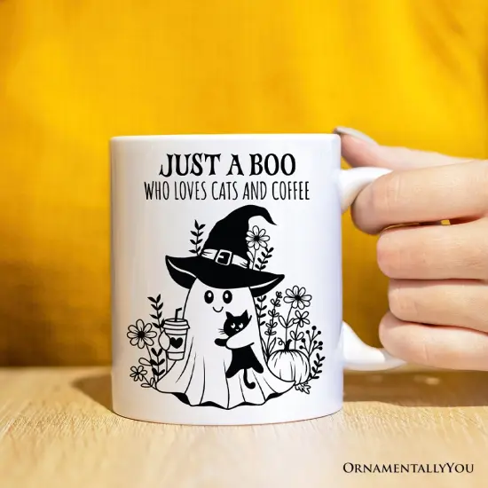 Cute Ghost with Black Cat Mug, Cat and Coffee Lover Halloween Gift {2}