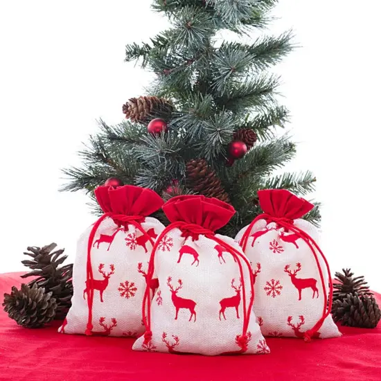 White & Red Christmas Deer Fabric Bag 6&rdquo; x 8&rdquo; Holiday Packaging {1}