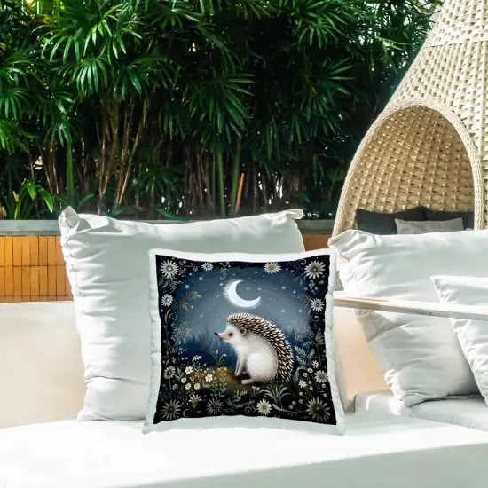 Hedgehog Under Forest Moon Outdoor Printed Pillow Design by The Dutch Lady, 18 x 7 x 18 {2}