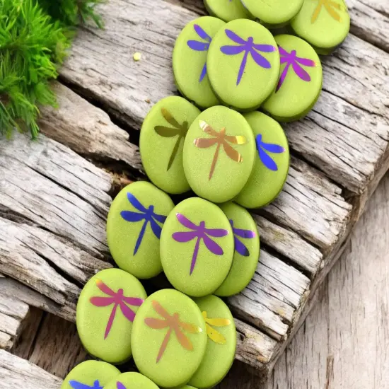*8* 16mm Opaque Avocado Green Laser Tattoo Dragonfly Coin Beads {4}