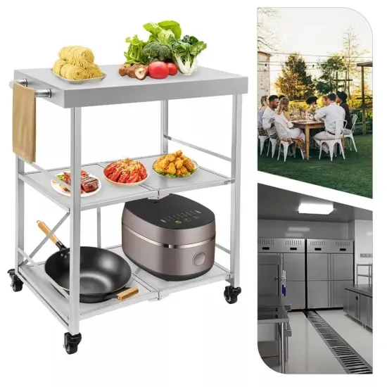 3 Tiers Utility Cart with Wheels Storage Shelf Kitchen Cart Fold Stainless Steel {3}
