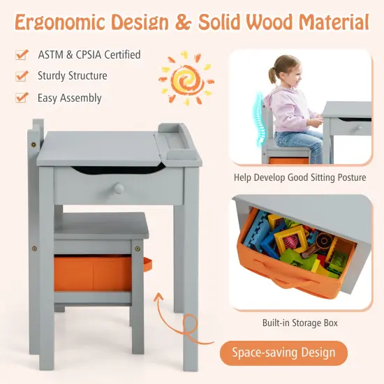 Wood Activity Kids Table and Chair Set with Flip Top Design and Pull-out Drawer Grey {4}