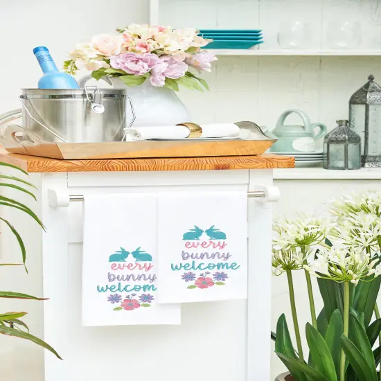 "Every Bunny Welcome" Spring Easter Rabbit Embroidered Cotton Flour Sack Kitchen Dishtowel {5}
