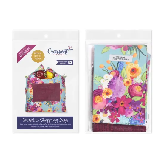 Crosscut Sewing Co.&reg; Foldable Shopping Bag Sewing Kit - Beginner Sewing Project Kit Teal floral {2}