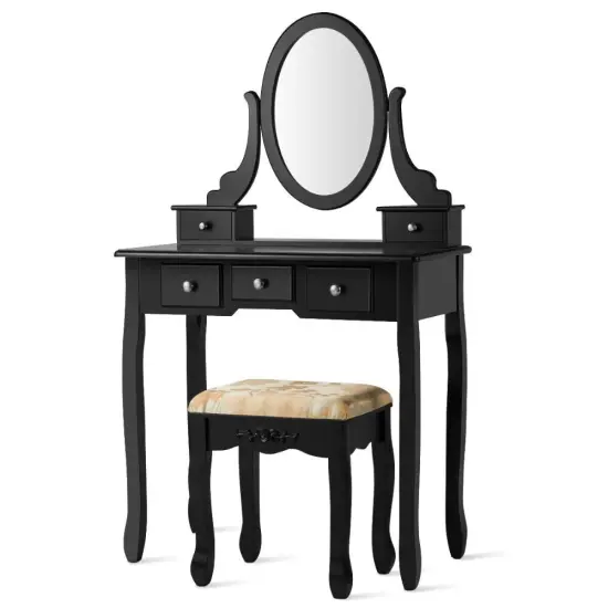 Vanity Make Up Table Set Dressing Table Set with 5 Drawers Black {6}
