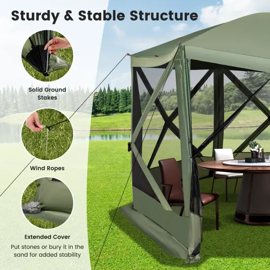 Costway 11.5 X 11.5 FT 6-Sided Pop-up Screen House Tent With 2 Wind Panels for Camping Coffee/Green {5}