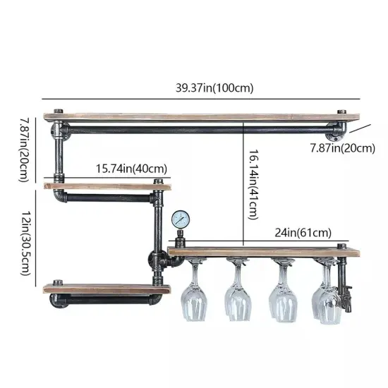 Industrial Wine Racks with 4 Stem Glass Holder Wall Mounted Rustic Metal Shelf {5}