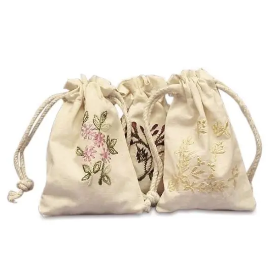 Spacious Botanical Embroidered Cotton Muslin Pouch 4" x 6" {5}