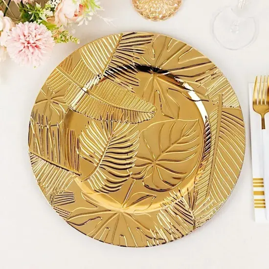 6 Metallic Gold 13" Round Acrylic CHARGER PLATES Embossed Tropical Leaves Party {3}