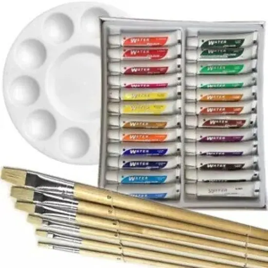 Artist 24 WATERCOLOR COLOR Painting Paint Set + 6 Brush Set w/ ROUND Palette SET {1}