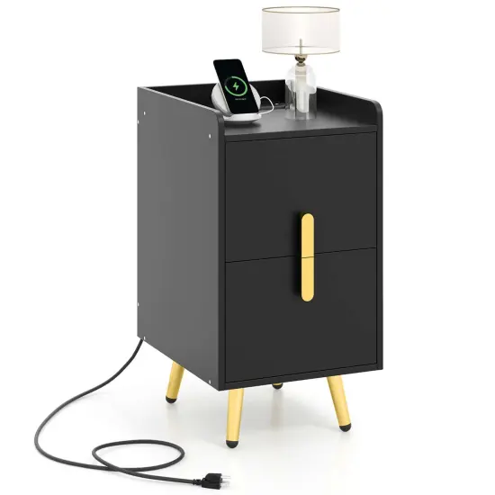 Costway Nightstand with Charging Station Home Bedside Sofa Side Tables with 2 Drawers Coffee/White/Black {9}