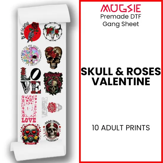 Skull and Roses Valentine DTF Transfer 22x60 - Direct-to-Film Gang Sheet, Ready-to-Press Valentine Design for Shirts, Hoodies, and More {2}