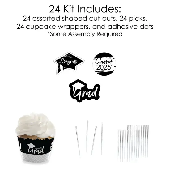 Big Dot of Happiness 2025 Black and White Graduation Cupcake Decoration - Party Cupcake Wrappers and Treat Picks Kit - Set of 24 {6}