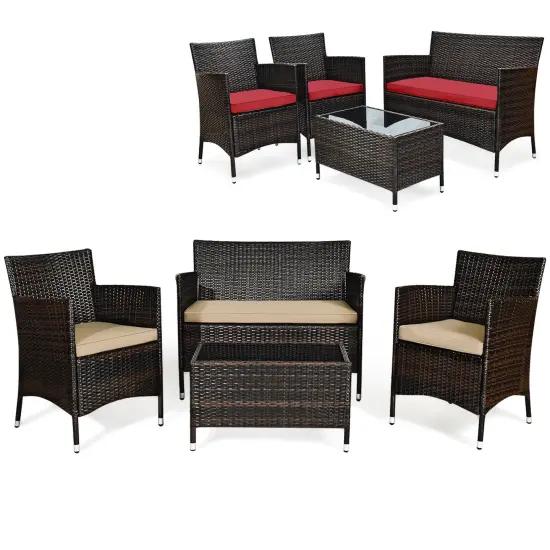 4 Pieces Comfortable Outdoor Rattan Sofa Set With Glass Coffee Table Grey and Beige {7}