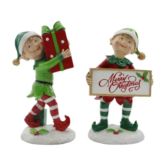 Christmas Elf Figurine Set – Festive Holiday Elves with Gift & Merry Christmas Sign {1}