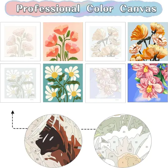 Flowers Paint by Number for Adults Canvas Framed, 4 Pack 10"x10" Easy Framed Paint by Number Kits for Beginner Kids, DIY Simple Flowers Acrylic Oil Painting Number Kits with Frame {4}