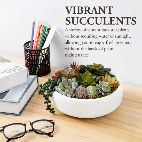 8 Inch Round Modern Artificial Succulent Arrangement Potted in White Concrete Plant Bowl, Assorted Faux Mini Succulents in a Decorative Planter Pot {3}