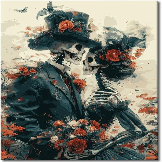 Adults Paint by Numbers Kits Romance Skull Paint by Number Wall Art Red Roses Butterflies and Floral Paint by Number Artwork Beautiful Skull Crafts Kits DIY Bedroom Wall Art 16x20 in (Frameless) {1}