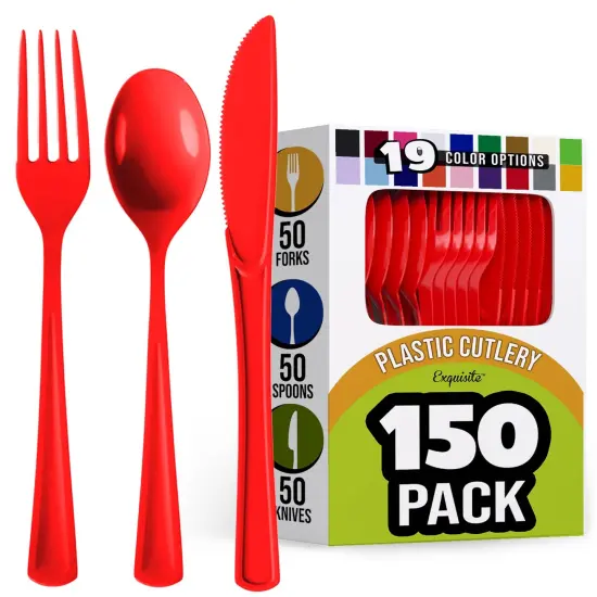 Exquisite Polished Plastic Silverware &ndash; 150 Pcs Heavy Duty Cutlery Set &ndash; 50 Each of Forks, Knives & Spoons &ndash; Disposable Utensil Set for Parties, Events & Catering &ndash; Flatware Set by Party Solids Red {1}
