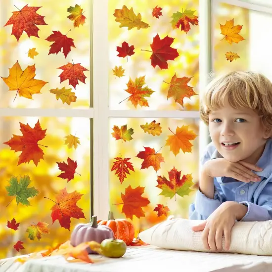 9 Sheets Fall Maple Leaves Window Clings Fall Leaves Double-Sided Window Decals {3}