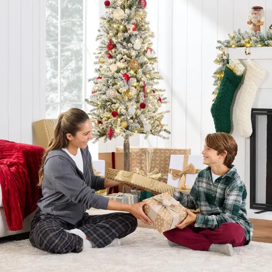 Flocked Pencil Christmas Tree Slim Alpine Green Tree with 250 LED Lights, Snowy Branches & Metal Stand {4}