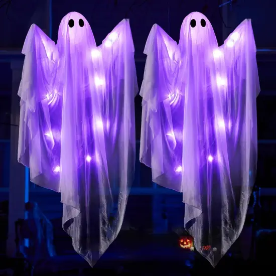 2 Pcs Halloween White Hanging Ghost - 47&rdquo; Halloween Hanging Light up Ghost Decoration {1}