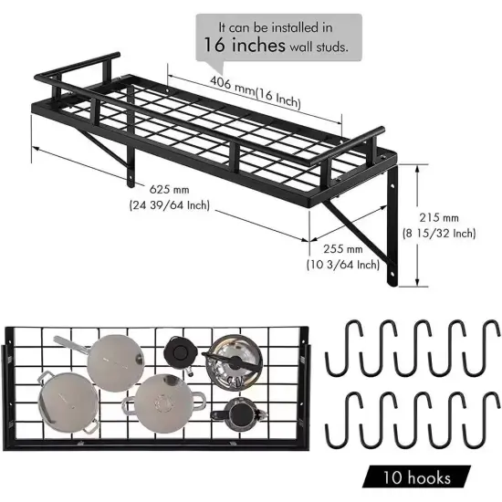 Wall Mounted Matte Black Steel Pot Rack with Ten Hanging Hooks {5}