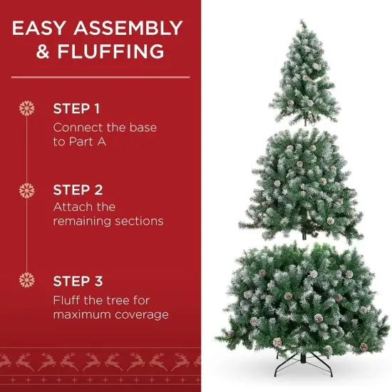 Pre Decorated Flocked Christmas Tree Hinged Artificial Pine with Pine Cones & Easy Assembly {4}