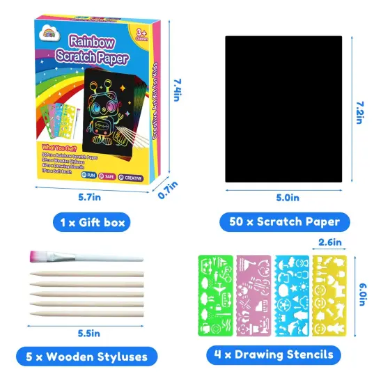 Scratch Art Crafts Boys Gifts, 50 Rainbow Scratch Paper Art Gifts for 3 4 5 6 7 8 9 10 Years Old Girls and Boys Kids, Arts and Crafts for Kids 4-6 Birthday Toys and Games Activities Gift (Blue) {6}