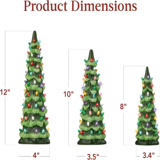 Set of 3 Ceramic Christmas Trees Pre-Lit Tabletop D&eacute;cor with LED Lights Green W {6}