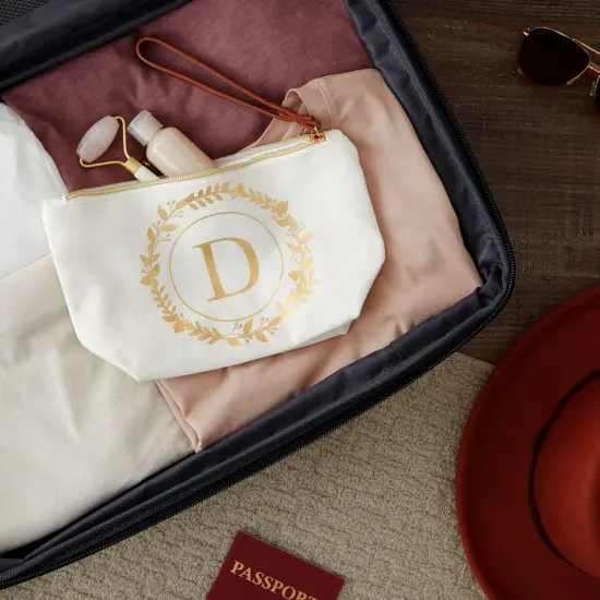 Gold Initial D Personalized Makeup Bag for Women, Monogrammed Canvas Cosmetic Pouch (White, 10 x 3 x 6 In) {2}